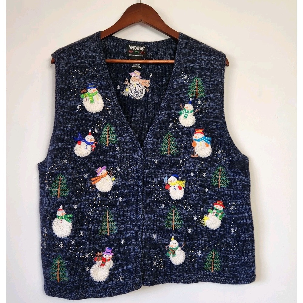 Vintage Snowman Christmas Sweater Vest Size XL Blue Beaded Embroidered Holiday